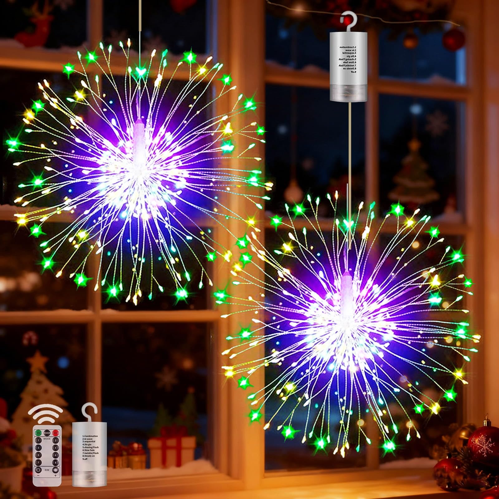 yowin Hanging Christmas Firework Lights 2 x 198 LED Starburst Lights Battery Operated with Remote, 8 Modes Waterproof Christmas Window Light for Xmas Tree Outdoor Indoor Decorations - Multicolor