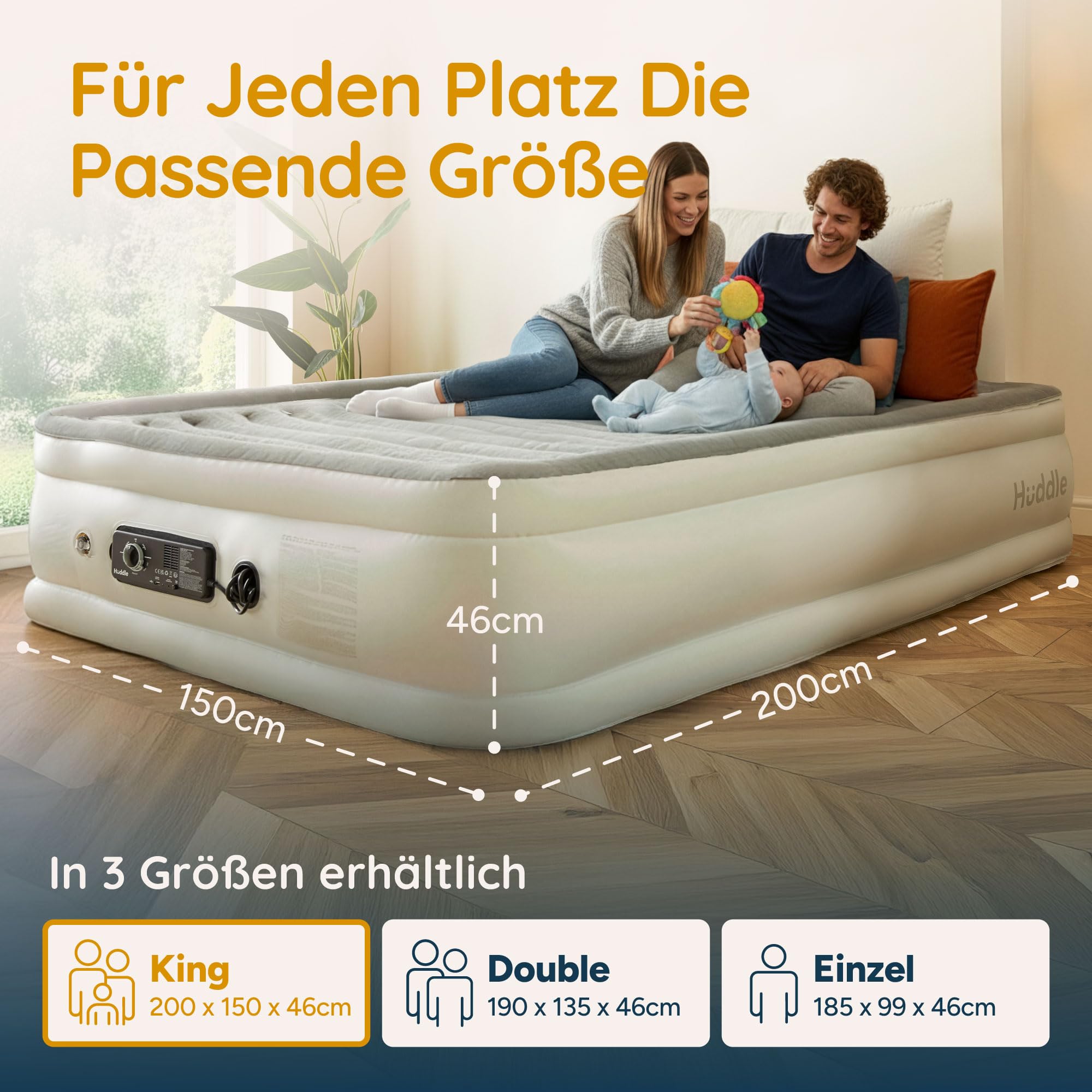 Huddle Never Deflate™ Luftbett 2 Personen 150 x 200 x 46 cm, selbstaufblasende Luftmatratze mit Pumpe, perfekte Gästematratze & Campingmatratze, USB-C-Port & Nachtlicht 8