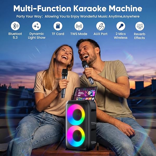 KARAOKE MACHINE FOR ADULTS KIDS, PORTABLE BLUETOOTH SPEAKER WITH 2 WIRELESS MICROPHONES, TWS MODE & LED LIGHT, 10H BATTERY PA SYSTEM STAGE MONITORS,PERFECT FOR HOME PARTY OUTDOOR BIRTHDAY GIFTS(BLACK)