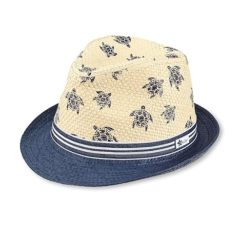 Sterntaler Strohhut für Jungen mit gestreiftem Band und Schildkröten-Motiv, Beige (Sand)/Marineblau