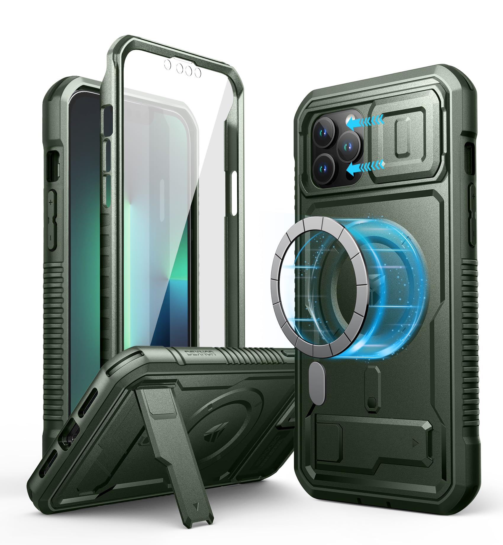 Dexnor for iPhone 13 Pro Max Case with Camera Cover, Compatible with MagSafe, Built-in Screen Protector, Heavy-Duty Shockproof Full-Body Rugged Protective Magnetic Cover with Kickstand, Green