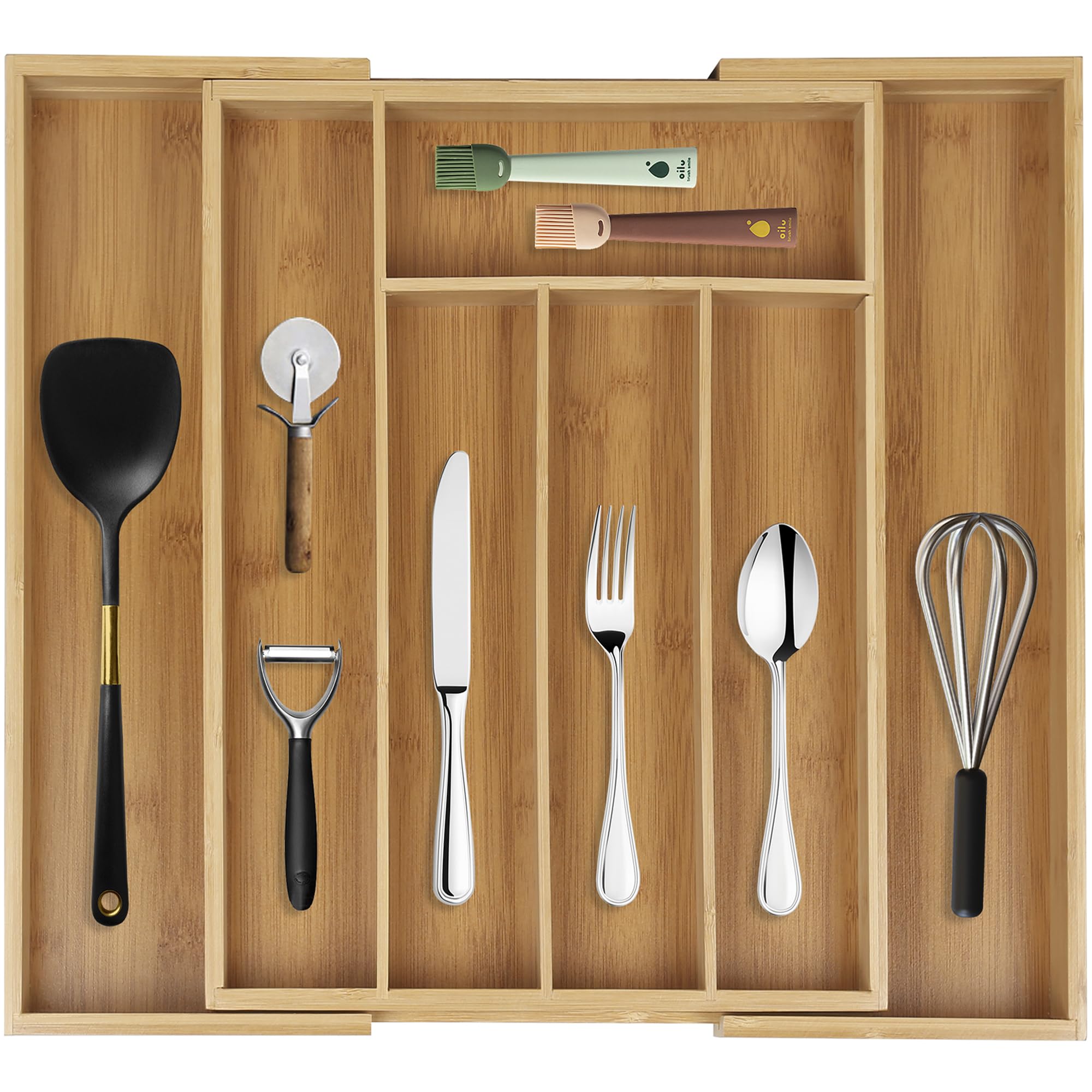 simpdecor Bamboo Drawer Organizer Expandable Cutlery Tray Adjustable Utensils Holder 5-7 Compartments Wood Drawer Dividers Organizer for Storing Silverware, Flatware, Knives
