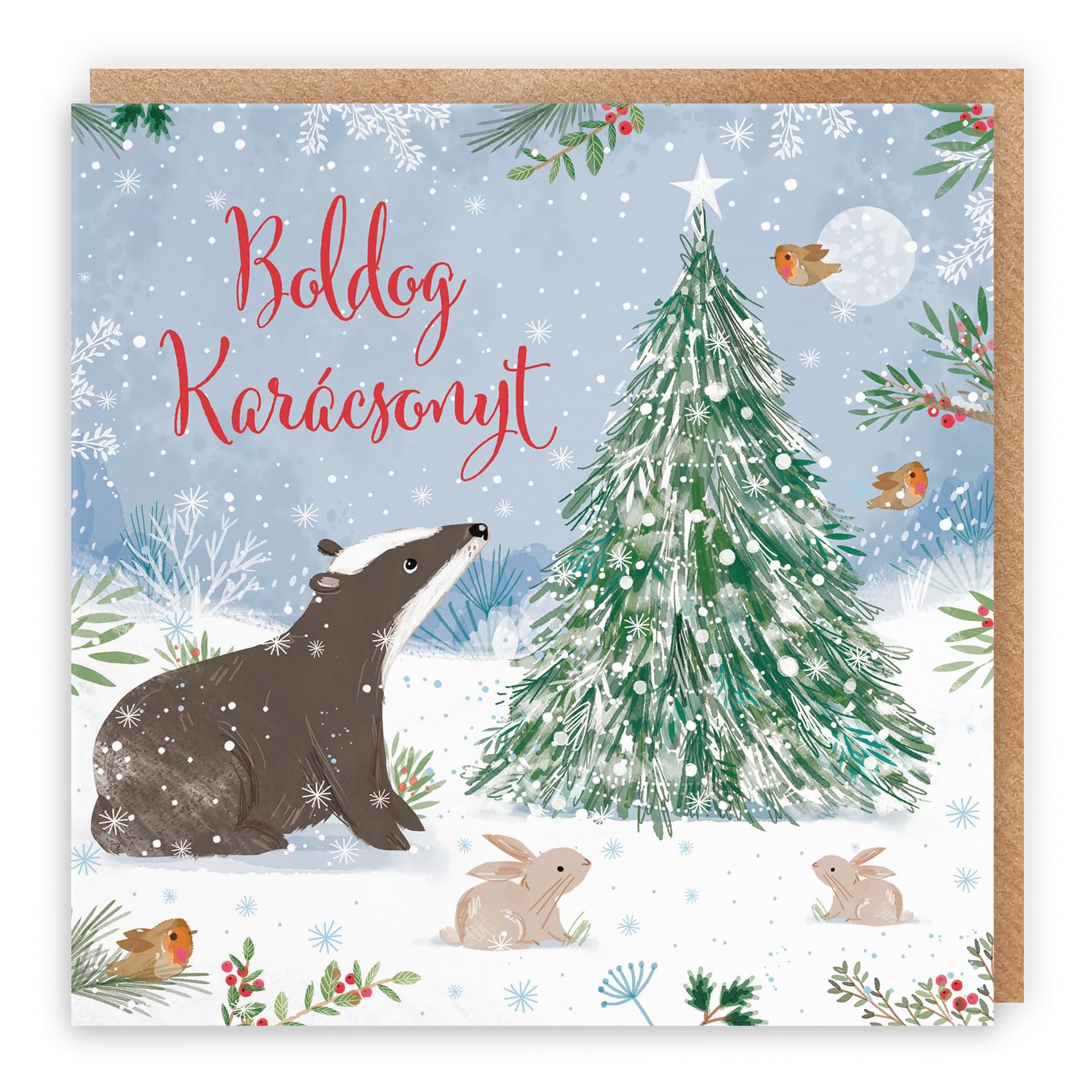 Hunts England - Badger Hungarian Christmas Card - Nature's Treasures - Happy Animal Wildlife Hungarian Language Fun Merry Xmas Card - Robin, Rabbit - For Boys, Girls, Men, Women - Boldog Karácsonyt