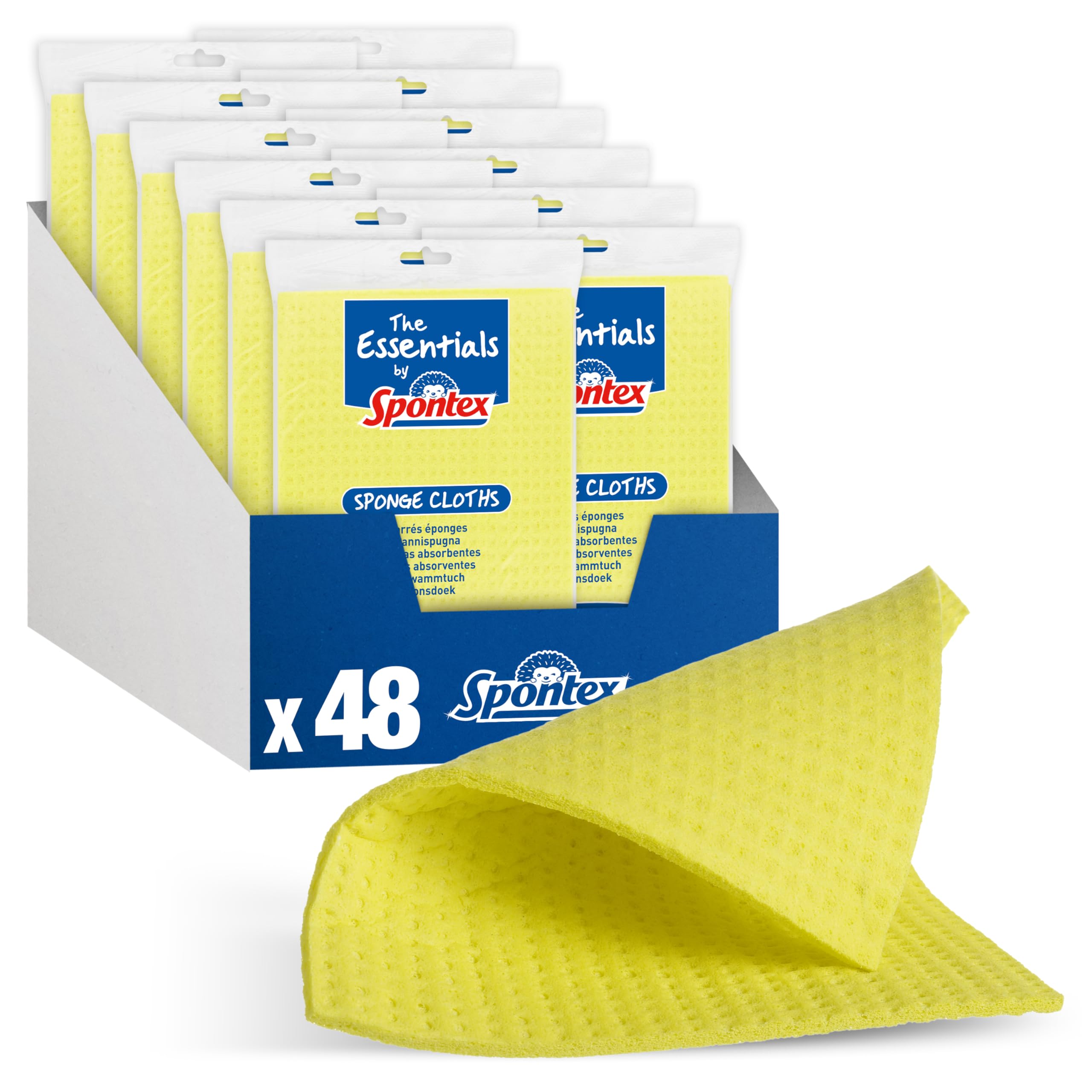 Spontex The Essentials Sponge Cloths | Super Absorbent Dish Cloths for Wiping & Cleaning | 100% PEFC Certified Wood Pulp | 12 x 4 Pack (48 Total)