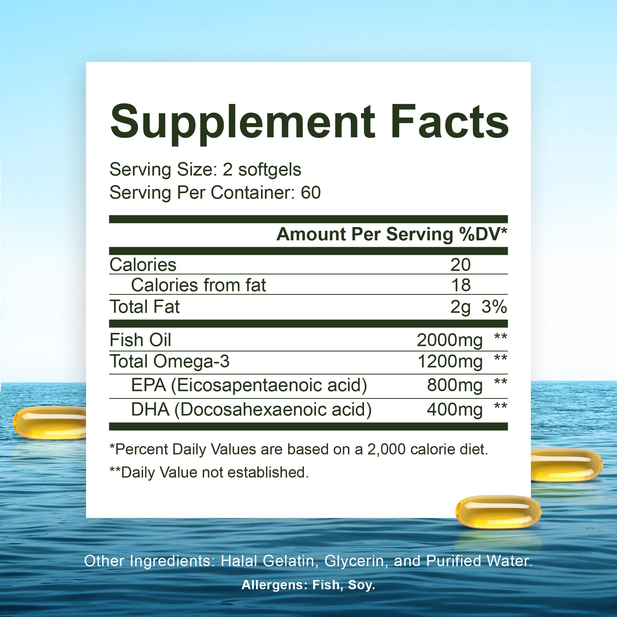 Noor Vitamins Halal Fish Oil, Halal Vitamins, Ultra Omega 3 Wild Peruvian Fish (800 mg EPA & 400 mg DHA) Heart, Brain & Joint Support, Non-GMO and Gluten Free (120 Count)