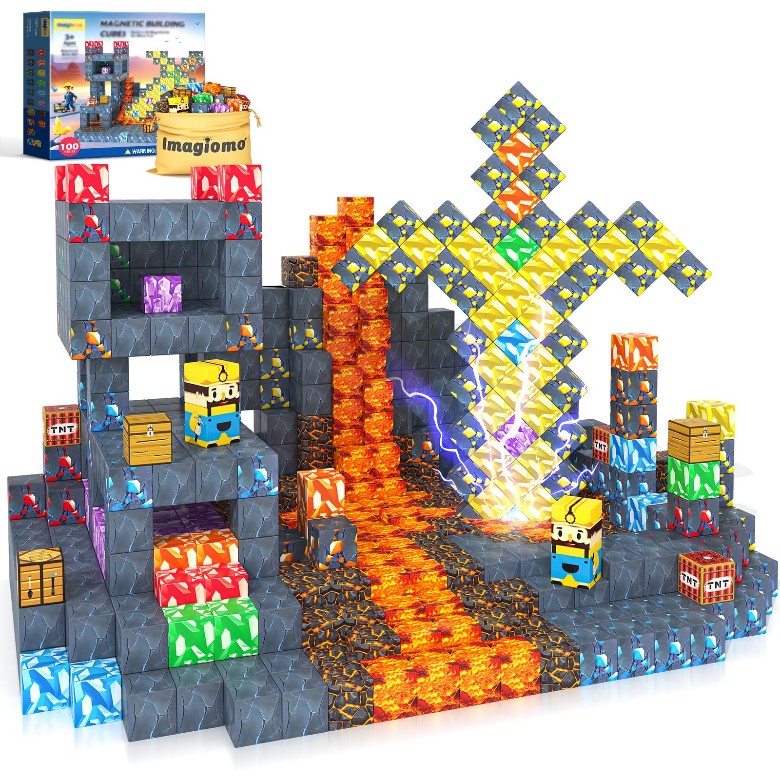100PCS Magnetic Blocks - Build Mine Magnet World Mine Sword Adventure Set, Building Toys Classroom Must Haves Learning Sensory Toys for 3 4 5 6 7 8 Toddlers Kids Games Birthday Gifts for Boys & Girls