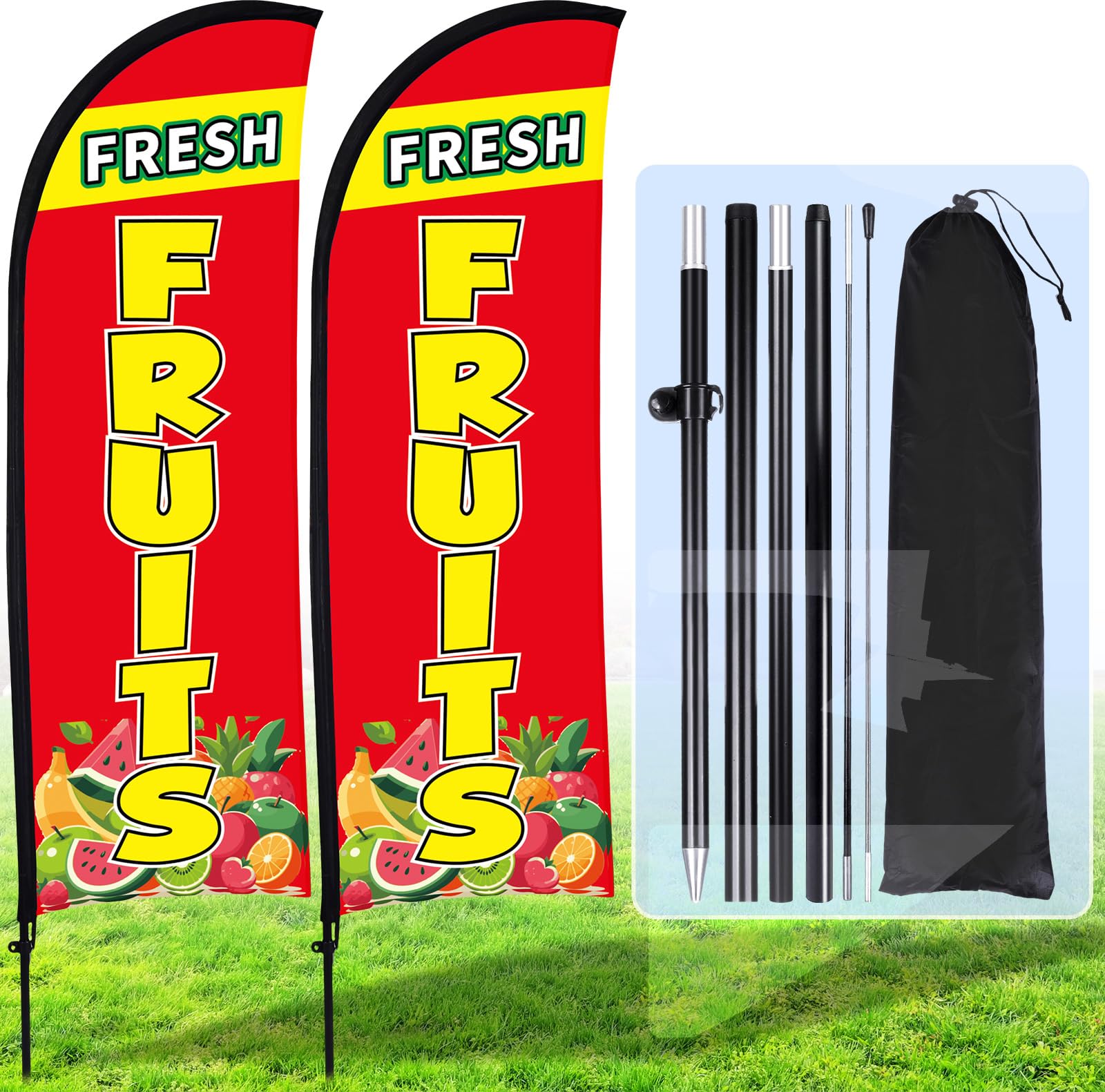 Photo 1 of Buryeah 2 Sets Fresh Fruits Feather Flag Kit Fresh Fruits Swooper Flag for Advertising Feather Banner with Ground Stake and Portable Bag Advertising Sign for Business Ground