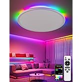 UprizeP Smart Ceiling Light, RGB LED Flush Mount Ceiling Light with Remote，Ambient Lighting Fixture, 11 Inch 24W 2400LM 3000K-6500K, DIY Colors, Timer, White
