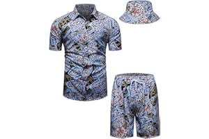 fohemr Mens Luxury Outfit Set Black Gold Shirts and Shorts 2 Piece Tracksuit Set Baroque Button Down Suit with Bucket Hats