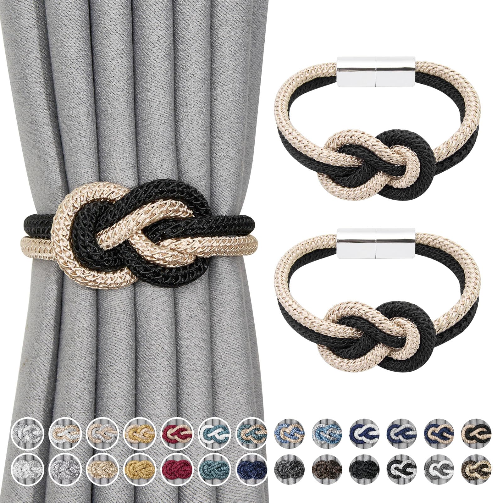 Pretty Jolly 2 Pack Mini Magnetic Curtain Tiebacks Nordic Simple Style Drape Tie Backs Elegant Hand Weave Rope Knot Decorative Curtain Holdbacks for Home & Office Window Drapery (Black & Beige)