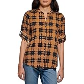CALVIN KLEIN Women's Roll Sleeve Printed Everyday Blouse