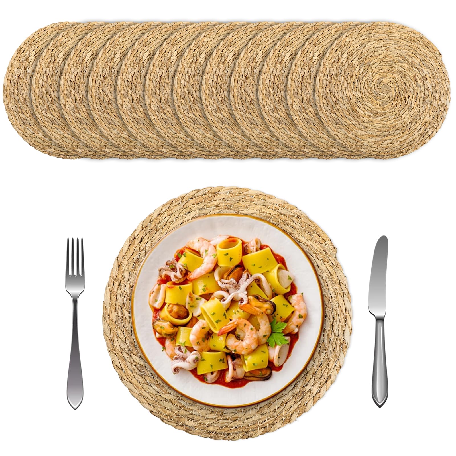 Photo 1 of 12 Inch Round Woven Placemats Set of 12, Boho Rattan Placemats Rustic Wicker Chargers for Dinner Plates Circle Straw Place Mats for Indoor & Outdoor Table Decor Wedding Farmhouse