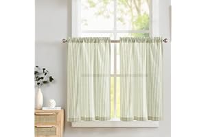 Lazzzy Kitchen Curtains Linen Striped Curtains Green Tier Curatins Cafe Curtains for Bathroom Kitchen Farmhouse Curtains 36 Inch Length Rod Pocket Window Treatment Tiers 2 Panels Set Sage on Beige