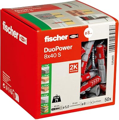 fischer DuoPower 8 x 40 S Plug with Screw 50 Pack Concrete Bricks Gypsum
