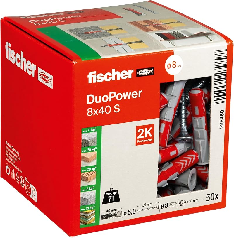 fischer DuoPower 8 x 40 S Plug with Screw 50 Pack Concrete Bricks Gypsum