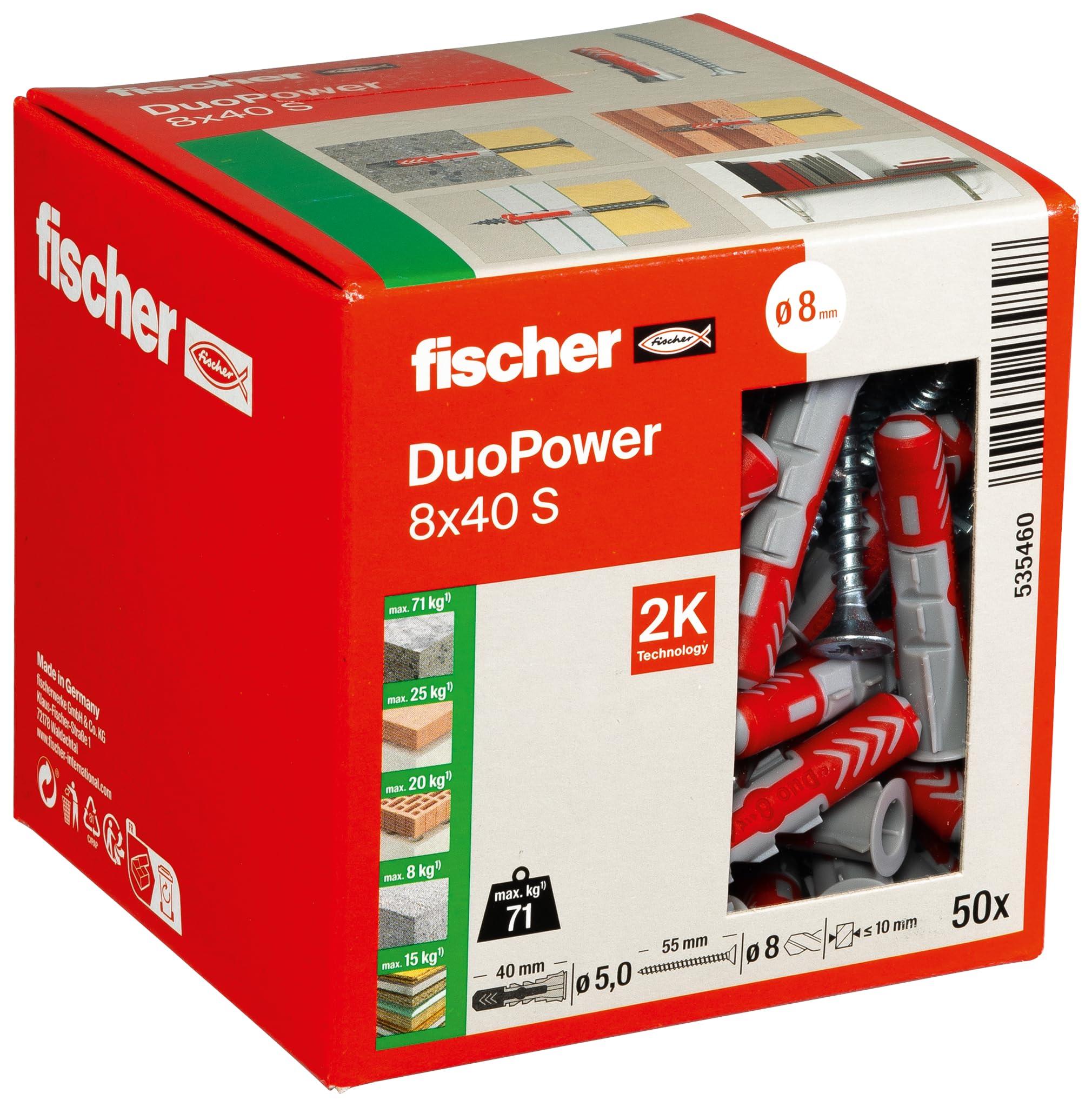 Fischer DuoPower 8 x 40 S, Powerful Universal Plug with Safety Screw, Intelligent 2-Component Technology for fastenings in Concrete, Bricks, Stone, Gypsum plasterboard, etc., 50 Plugs & 50 Screws