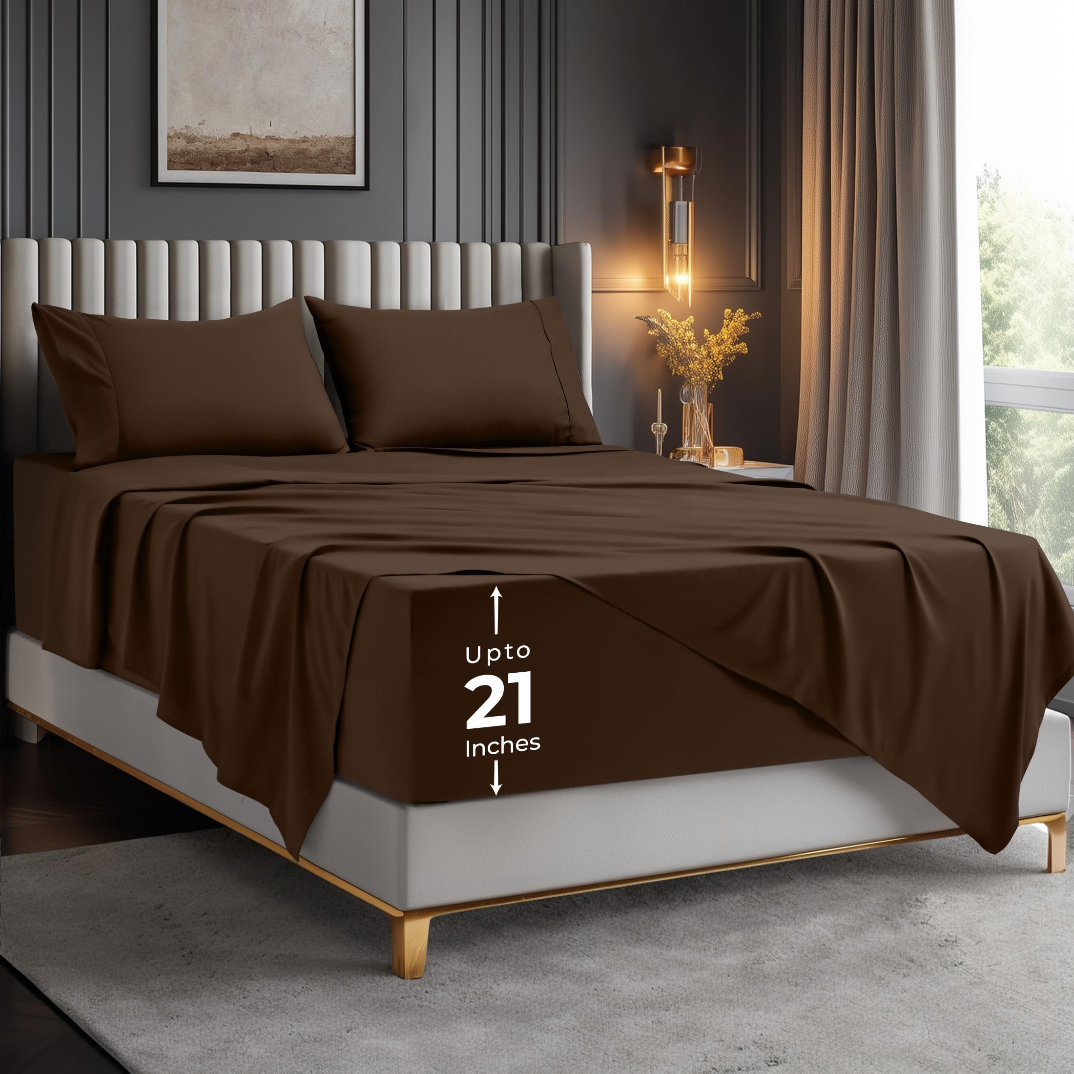 Utopia Bedding Deep Pocket King Sheet Set – Fits Mattresses Up to 21 inches – Cooling, Soft & Breathable – Oeko-TEX 4 Piece Bed Sheets (Brown) Image Utopia Bedding Deep Pocket King Sheet Set – Fits Mattresses Up to 21 inches – Cooling, Soft & Breathable – Oeko-TEX 4 Piece Bed Sheets (Brown) Image