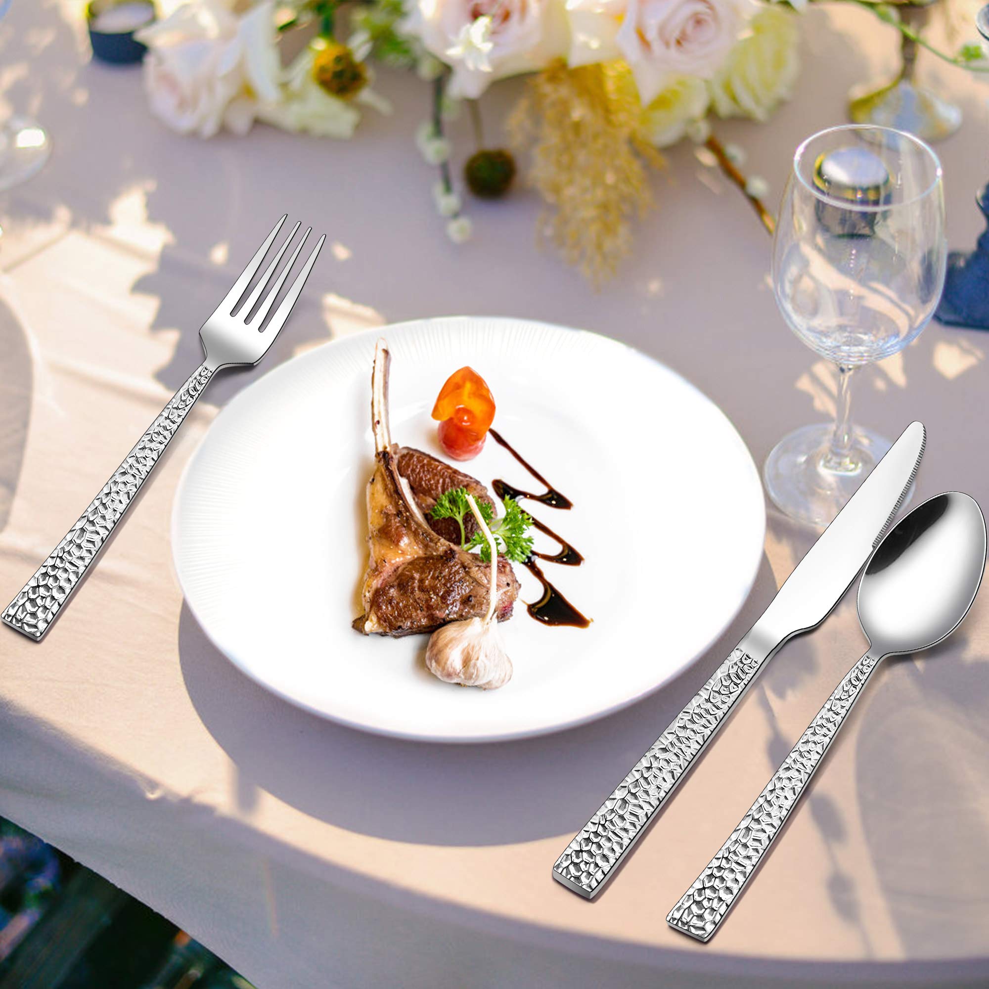 LIANYU Hammered Silverware Set for 8, 48 Piece Flatware Set Plus Extra