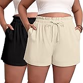Evervibe 2 Pack Women's Linen Shorts L-5xl Plus Size with Pockets Drawstring High Waist Wide Leg Casual Summer Shorts