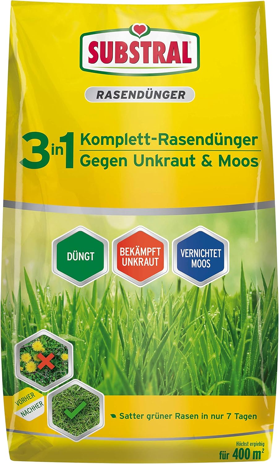 Substral 3 in 1 Komplett Rasendünger mit Unkrautvernichter und Moosvernichter, 14 kg für 400 m²
