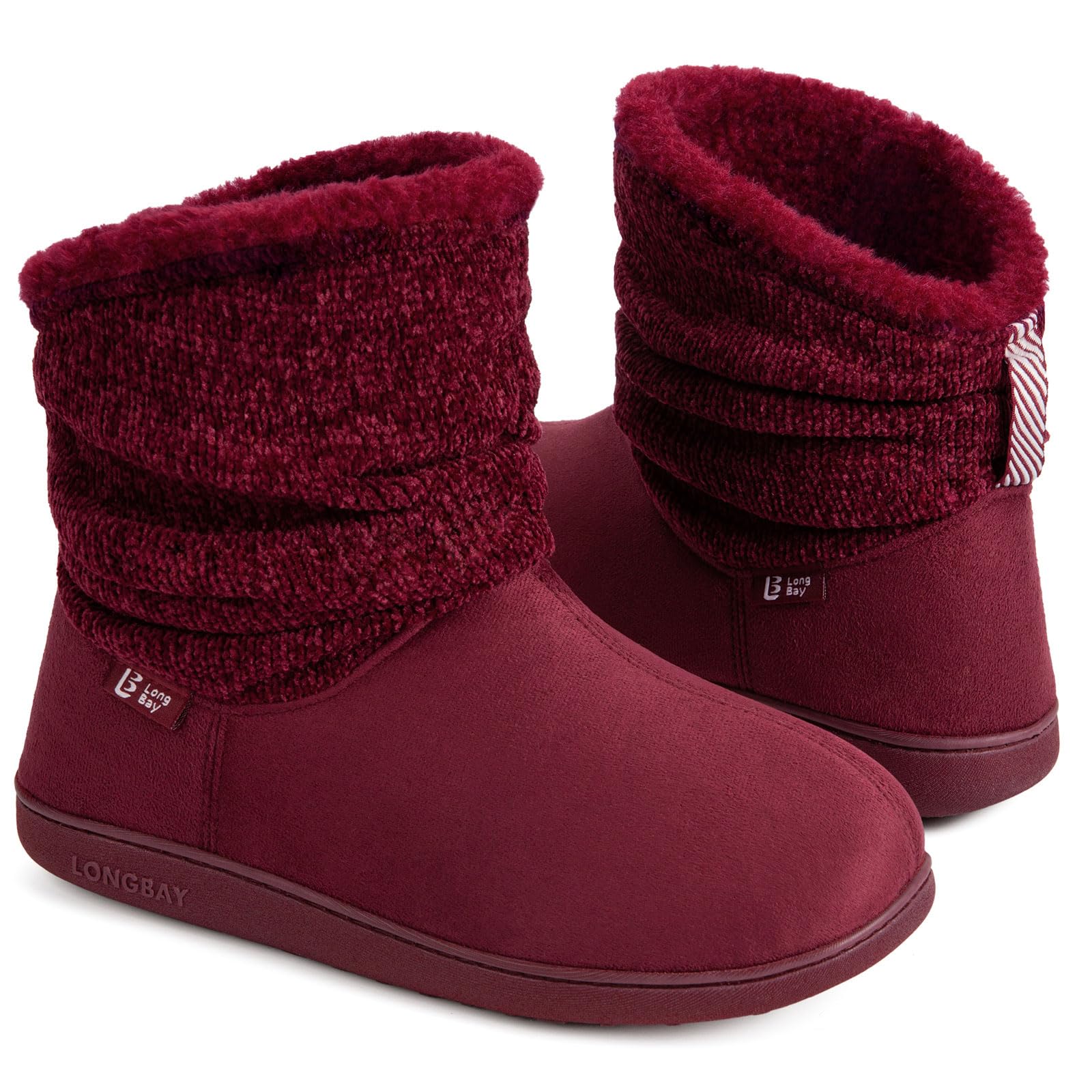 Photo 1 of Longbay Women's Warm Chenille Knit Bootie Slippers Memory Foam Comfy Suede Fluffy Faux Fur Memory Foam Boots House Shoes (X-Large / 11-12, Wine Red)