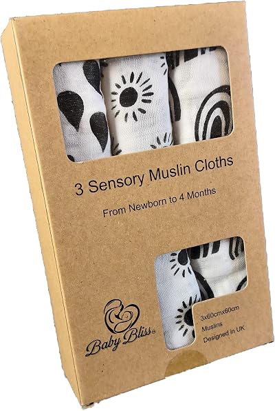 Baby Bliss Bamboo Muslin Squares 60x60cm Black White 3 Pack Sensory