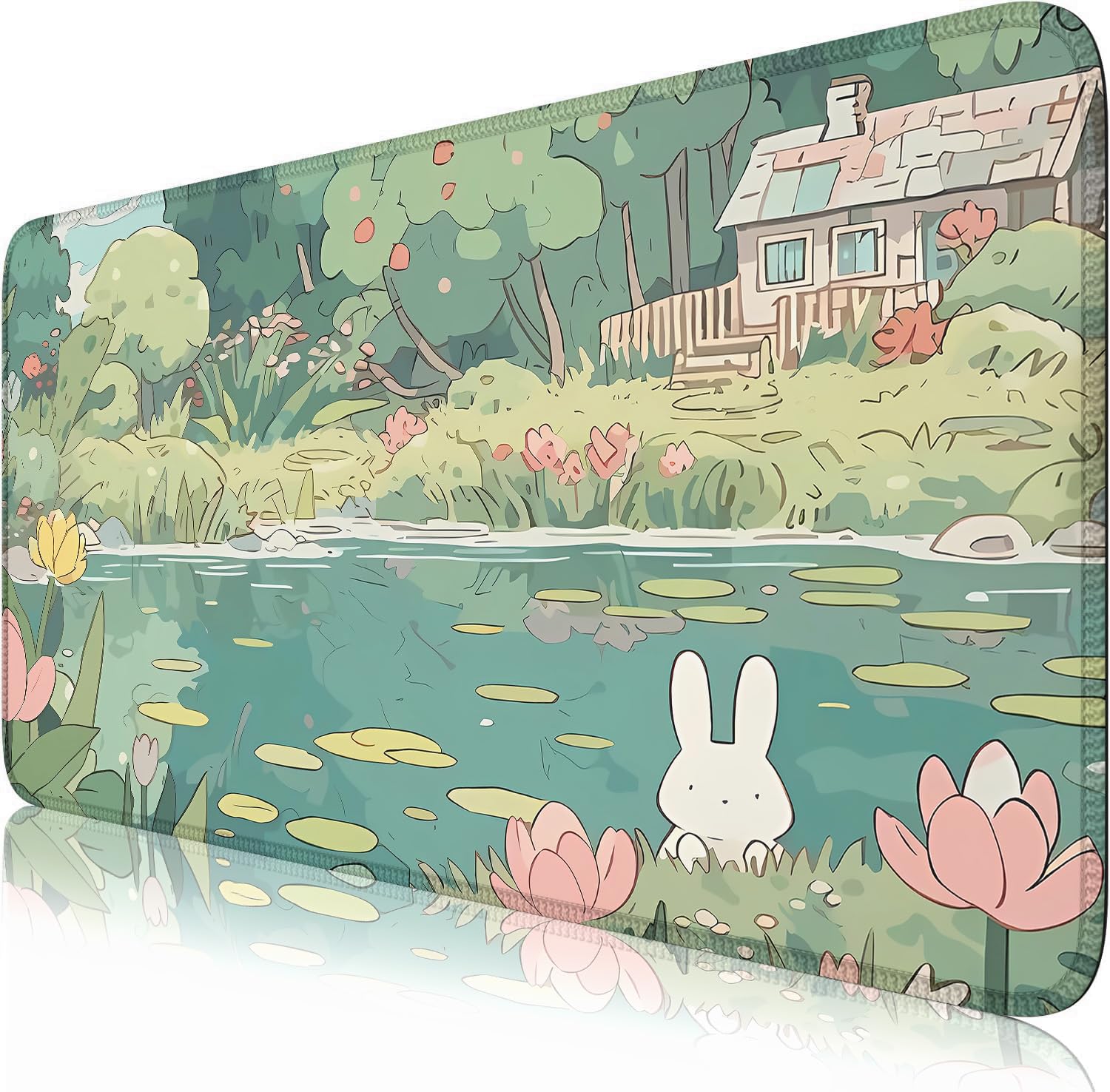 Photo 1 of Nasdalgias Cute Kawaii Bunny Anime Green Plant Desk Mat Large Mouse Pad Gaming Desk Pad Accessories for Women Office Decor Long Laptop Keyboard Mouse Mat