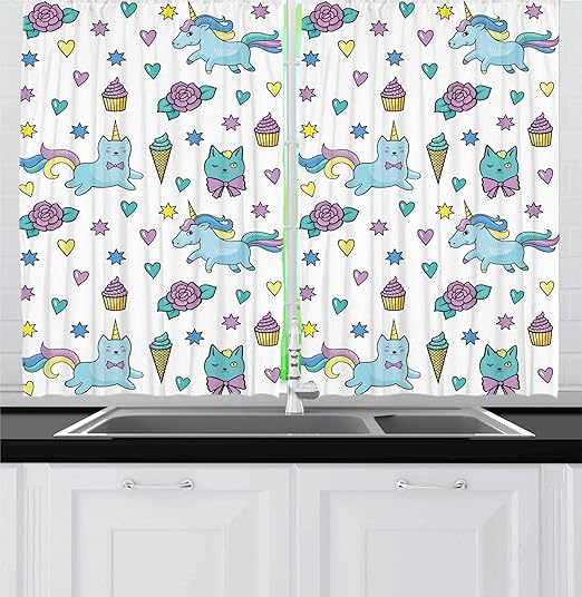 Amazon Com Ambesonne Unicorn Cat Kitchen Curtains Girls Pattern