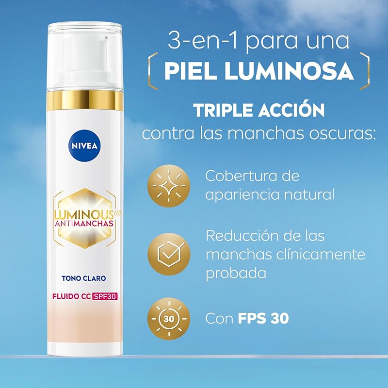 Cellular Luminous630 - Fluido CC Antimanchas SPF30 3-en-1 - CC Cream Triple Acción - Cubre y Reduce las Manchas - Protector Solar Facial con Color - Todo Tipo de Piel - Tono Claro - 40 ml