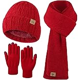 Winter Beanie Hat Scarf Gloves, Warm Fleece Knit Hat Long Scarf Neck Warmer Touch Screen Winter Gloves Set Gifts for Women