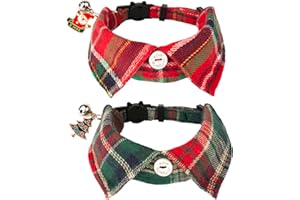 ADOGGYGO Christmas Cat Collars Breakaway with Bow Bell, 2 Pack Stylish Red Green Plaid Xmas Kitten Collar with Removable Shirt Collar, Plaid Christmas Collars for Cats Kittens