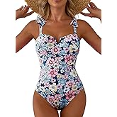 Aleumdr Women's One Piece Swimsuits Tummy Control Bathing Suits V Neck Boho Tie Shoulder Ruched Full Coverage Swimwear