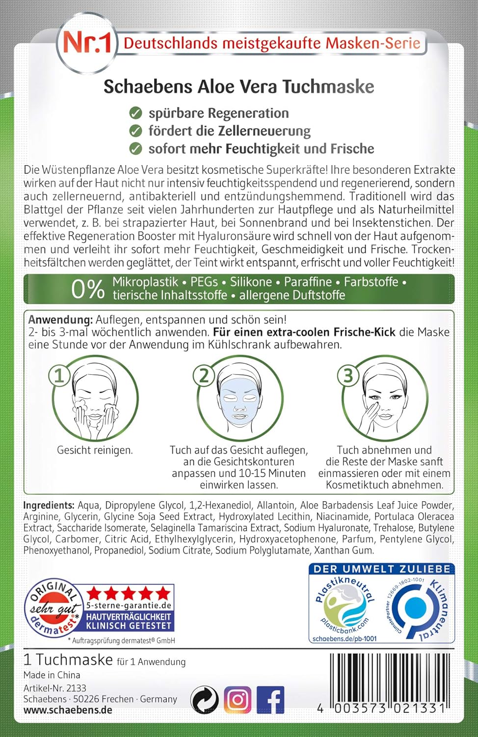 Schaebens Aloe Vera Cloth Mask 21 g, Transparent - Image 3