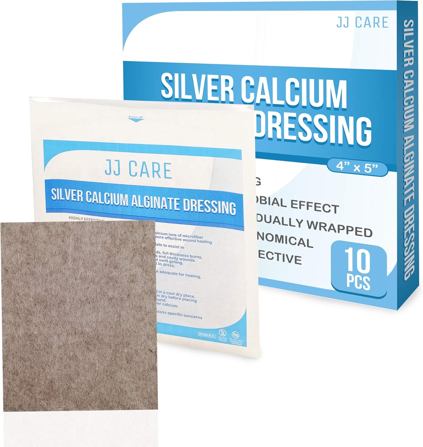 JJ CARE [Pack of 10] Silver Calcium Alginate Wound Dressing 4”x5