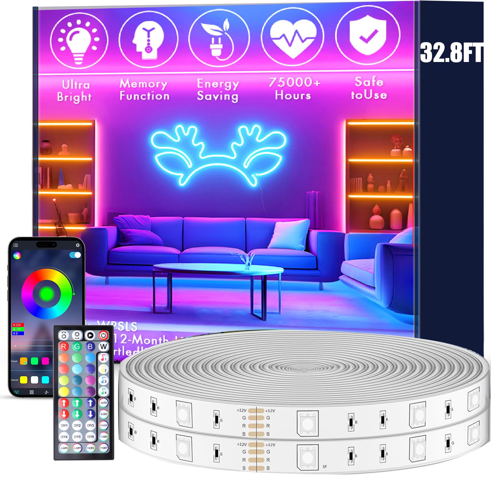 Photo 1 of 32FT Outdoor LED Strip Lights, IP68 RGB LED Lights with Remote and APP Control, Outdoor Strip Lights for Pool, Balcony, Roof, Garden, Stairs (1 Roll)