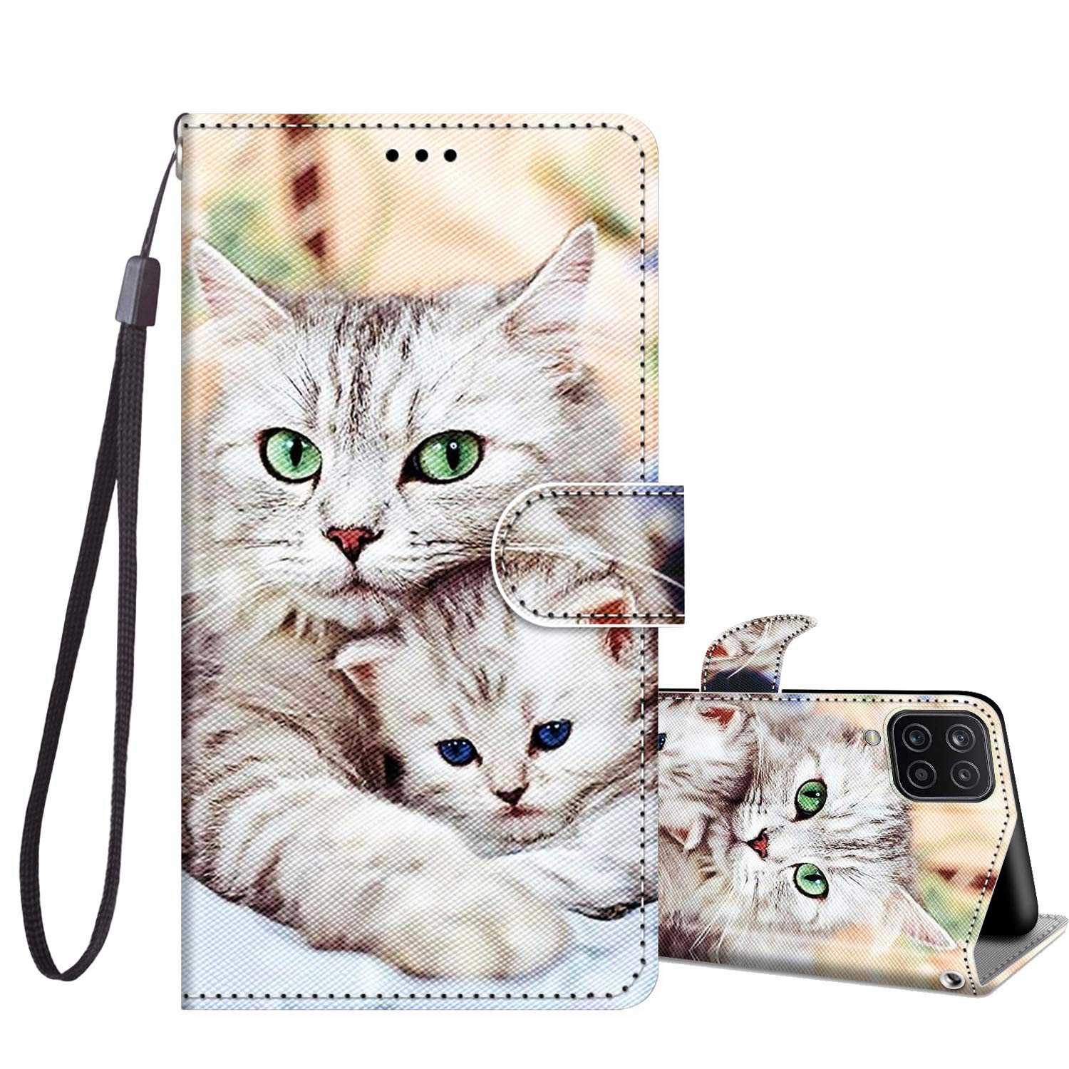 JRIANY compatible with Samsung Galaxy A12 / M12 Case, PU Leather Wallet Phone Case Pattern Design Magnetic Folio Flip Case Shockproof Protective Cover with Kickstand Card Holders, Cat D