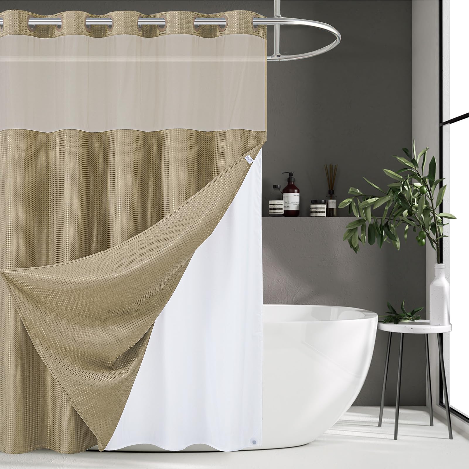Furlinic Waffle Weave No Hook Shower Curtain with Snap in Fabric Liner Set,Heavy Duty Textured Bathroom Curtain with See Through Window,Waterproof & Machine Washable,Hotel Style,Beige,71x75 Inch Image
