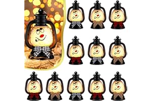 ROCEEI 12 Pcs Christmas Mini Snowman Lanterns Decorative with Flickering LED Candles Buffalo Plaid Bow Small Winter Portable Tabletop Centerpiece for Xmas Tree Indoor Outdoor Party Decor (Black)