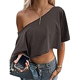 SHBECYDE Off The Shoulder Tops Oversized Short Sleeve Crop Tee Shirt Casual Loose Workout T-Shirt 2026 Summer Fashion Clothes