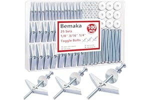 Bemaka 100Pcs Toggle Bolts Heavy Duty Drywall Anchors and Screws Kit, 3 Sizes 1/8" 3/16" 1/4" Hollow Wall Anchors, Toggle Bolts and Wing Nut Kit with Nuts Washers (25Sets)