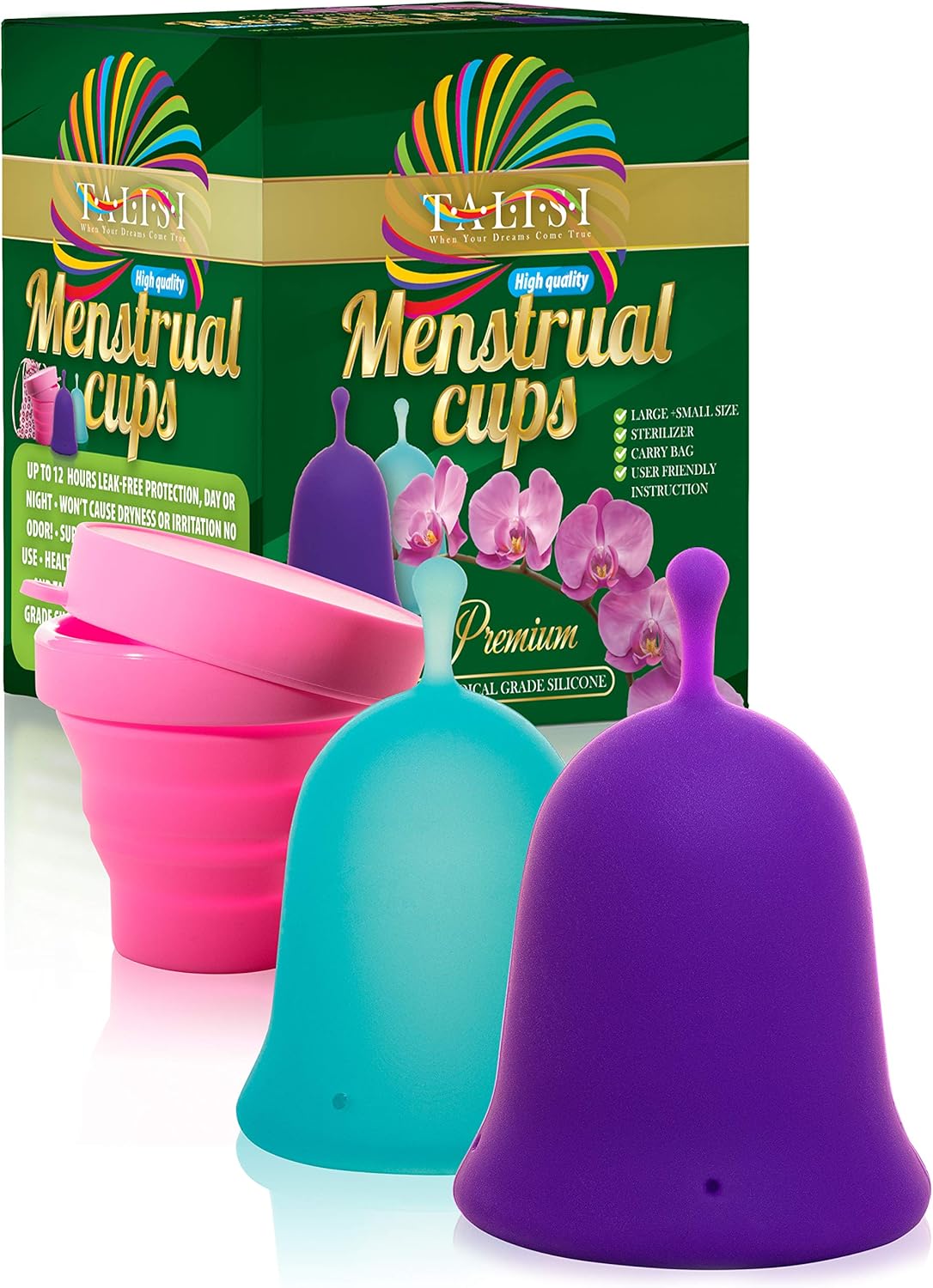 Talisi Reusable Menstrual Cups with Collapsible Silicone Foldable Sterilizing Cup Set of 3 Small Large Sizes Silicone Soft Cups with Sterilizer Feminine Hygiene Period Cup Tampon and Pad Alternative: Health & Personal Care