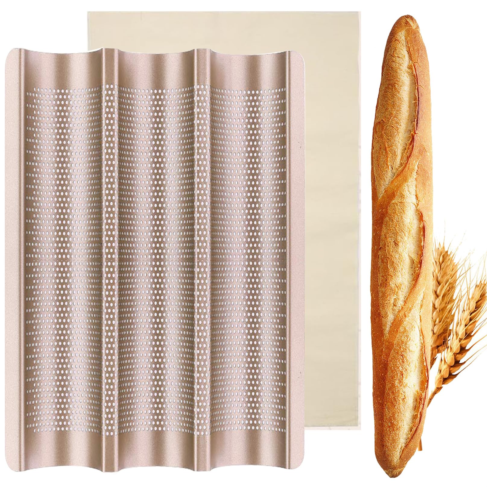IME Baguette Baking Tray French Bread Pan 3 Baguettes Baking Molds Pan with Proofing Cloth Non-Stick Perforated Baguette Pan for Oven Baking