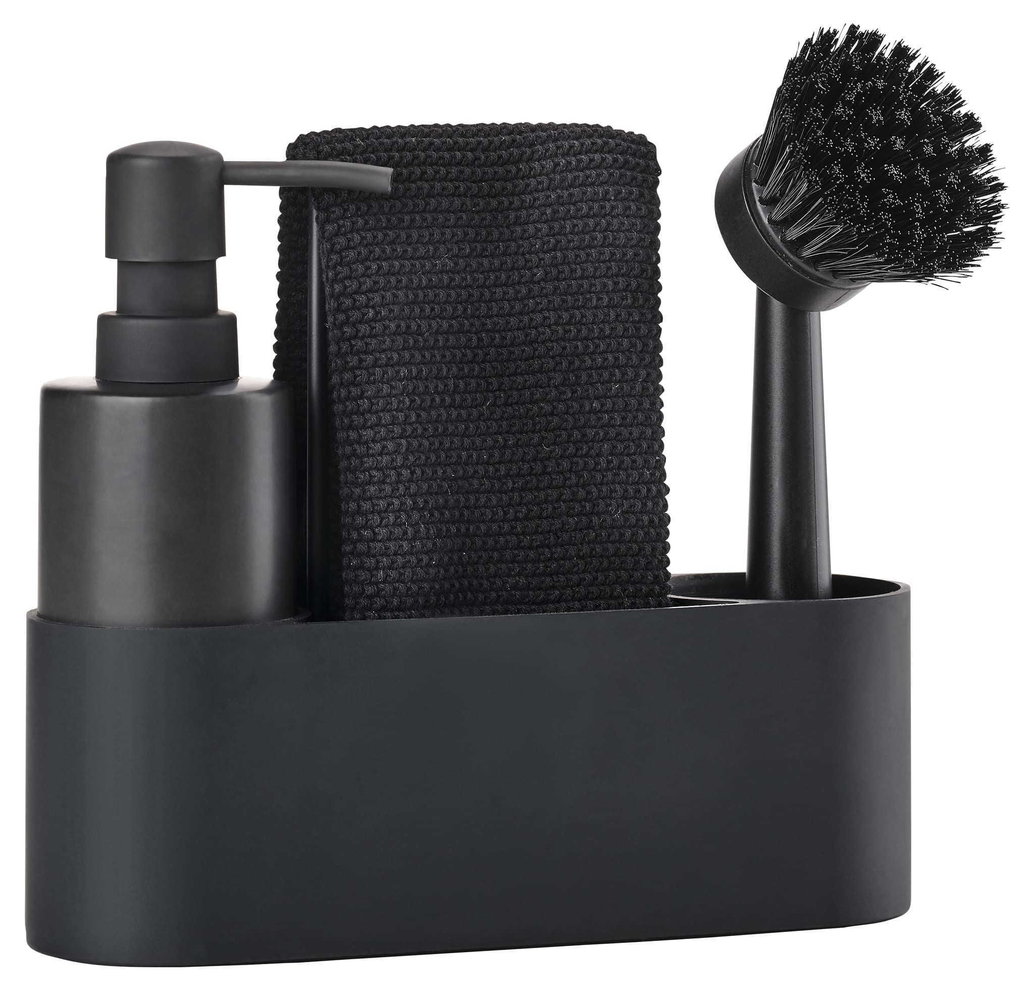Zone Denmark Singles Dishwashing Set, Includes Soap Dispenser, Brush, Cloth and Holder, Compact All in One Sink Organiser, Silicone and Ceramic Material, 19 x 6 x 20 cm, Black, 4 Pieces