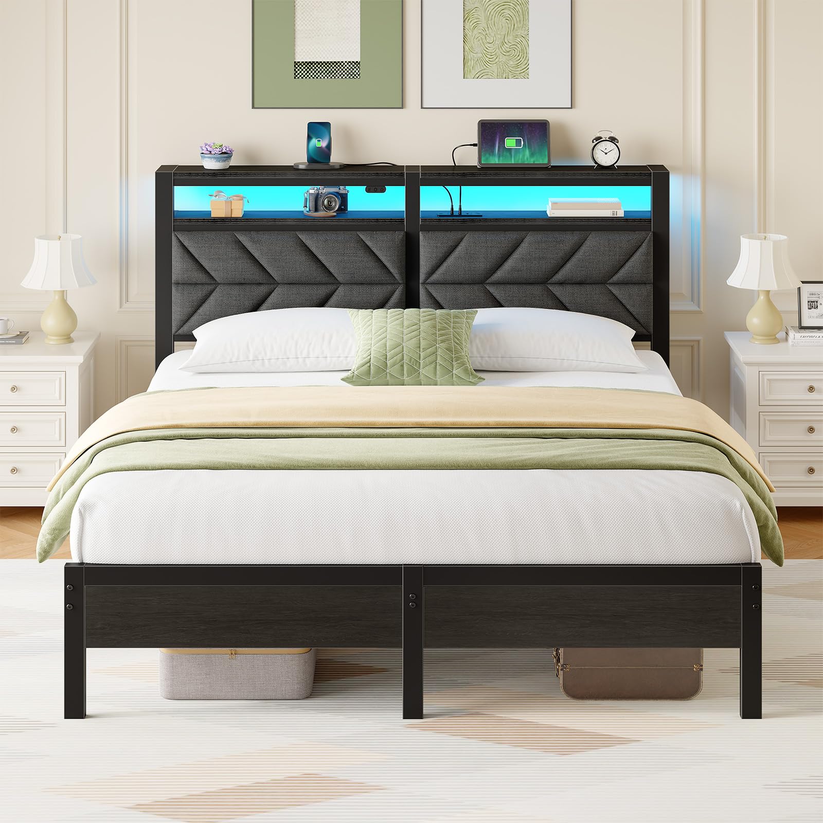 Seventable Full Size Bed Frame with Charging Station & LED Lights, Upholstered Headboard with Storage Shelves, Metal Platform with Under Bed Storage, No Box Spring Needed, Easy Assembly, Dark Grey Image