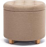 HNNHOME 45cm Round Linen Padded Seat Ottoman Storage Stool Beige view 1