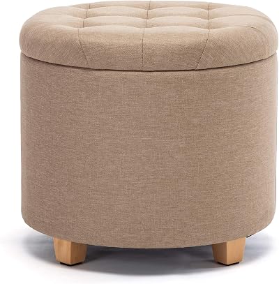 HNNHOME 45cm Round Linen Padded Seat Ottoman Storage Stool Beige