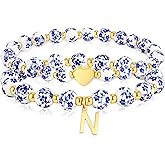 Maxcate Bead Charm Heart Initial Bracelet for Women Girls - 2PCS Flower Vintage Heart Initial Bracelet Teen Girls Gifts Handmade Stretch Gold Beaded Dainty Romantic Jewelry Gift for Women Girl