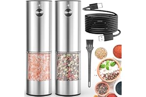 2Pack Electric Salt and Pepper Grinder Set USB Rechargeable with Warm LED Light, Adjustable Coarseness Lidaop Large Capacity Automatic Salt Pepper Mill Grinder for Kitchen, Stainless Steel Set