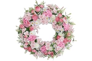 BINFEN Pink Flower Door Wreath 24-26 Inch – Spring Summer Easter Wreath with Faux Silk Rose Hydrangea White Chrysanthemum Eucalyptus Leaves, Front Door Proch Walls Décor