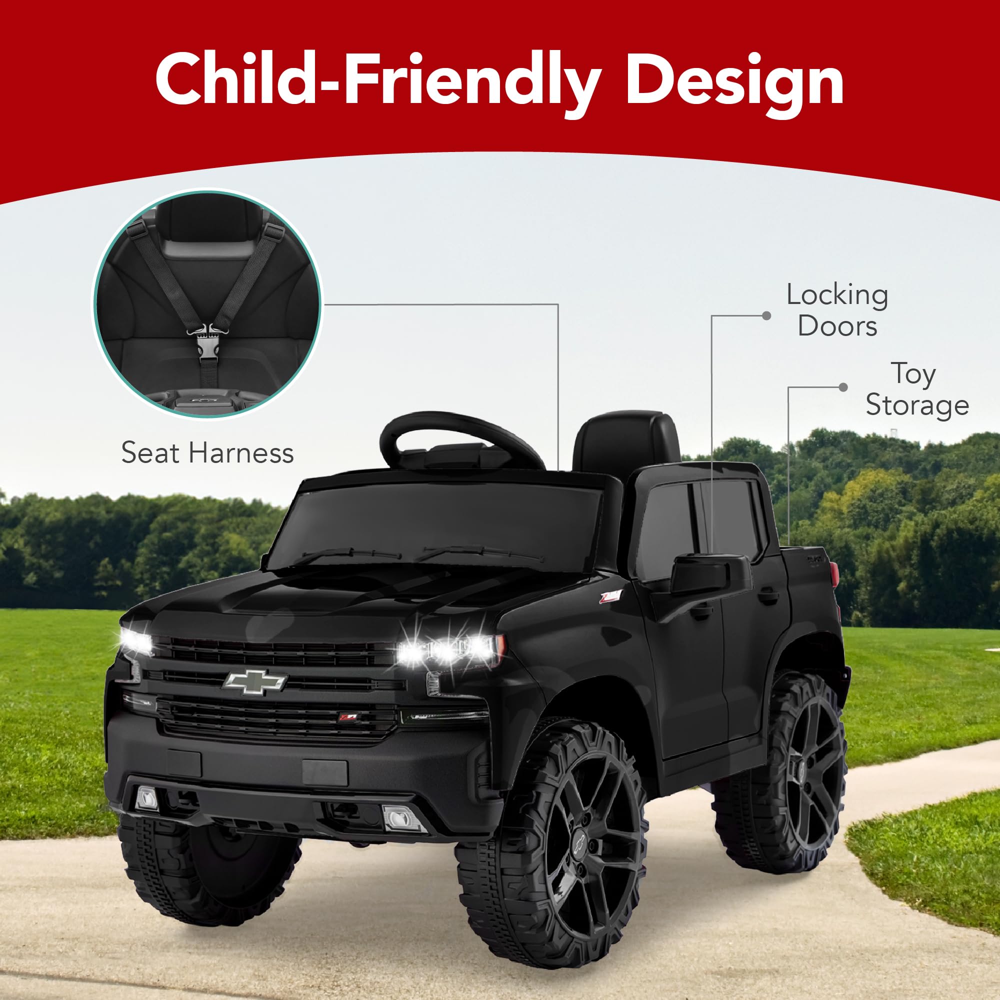 Best Choice Products 12V Licensed Chevrolet Silverado Ride On Truck, Electric Car Toy w/Parent Remote Control, Truck Bed Storage, Bluetooth Speaker, LED Lights, 2.5 MPH Max Speed - Black